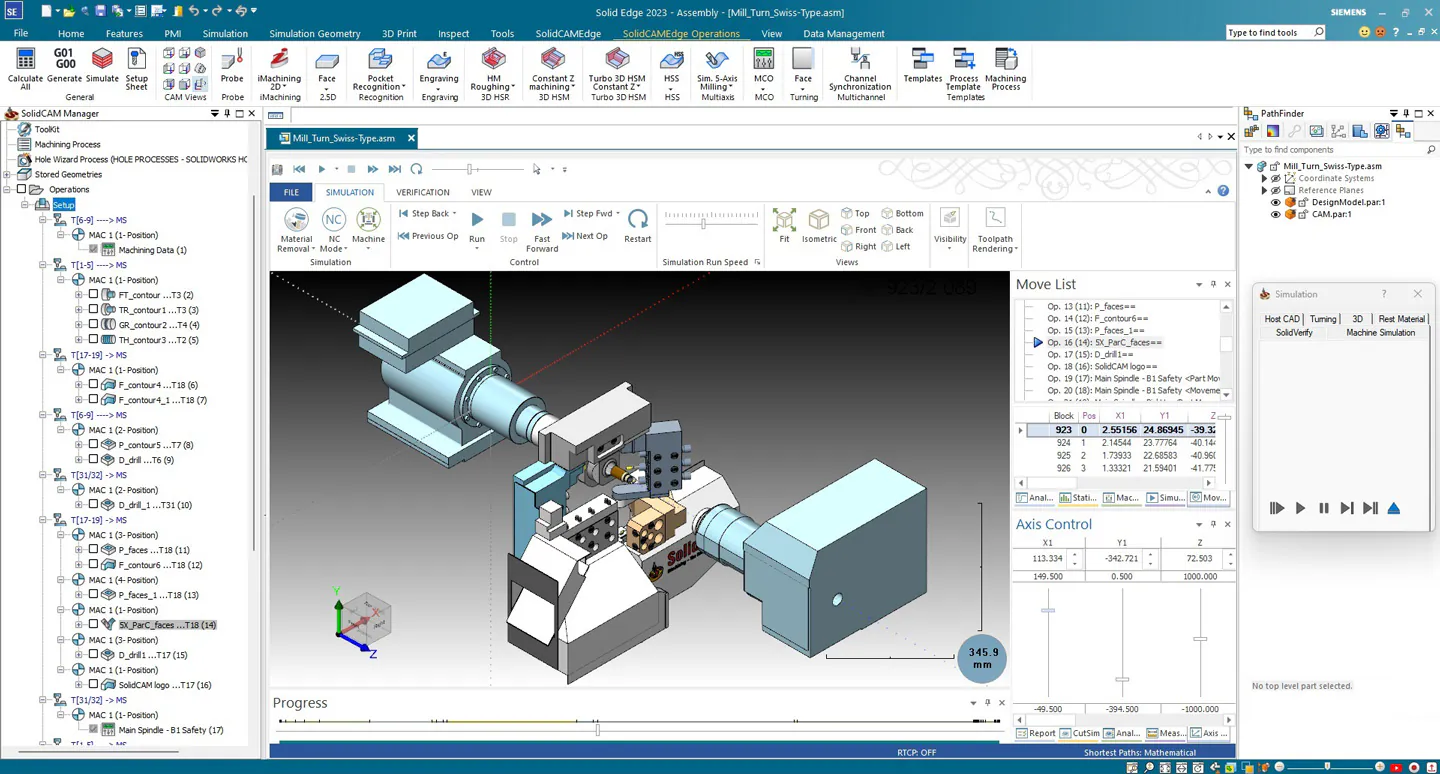 SolidCAM corriendo dentro de Solid Edge con pieza y fixtures