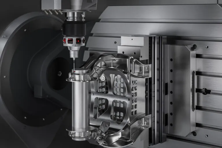 Palpador midiendo pieza dentro de un centro de maquinado CNC