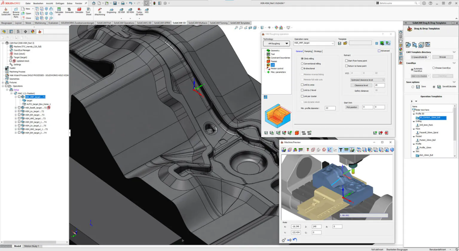 SolidCAM integrado en SOLIDWORKS mostrando árbol CAD/CAM